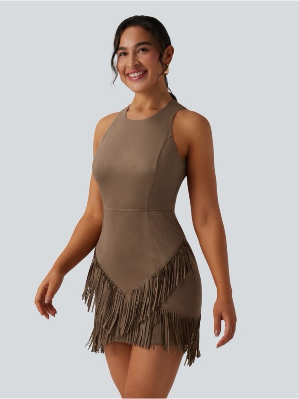 NWOT HALARA Brown Faux Suede Fringe Sleeveless Mini Dress Size Large